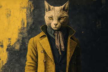 Vintage Retro Abstract Concept With Yellow Cat In Human Clothing, Vintage Rustic Portrait Of A Yellow Large Cat Standing As A Man In Human Clothing, Retro Abstract Concept, Generative Ai
