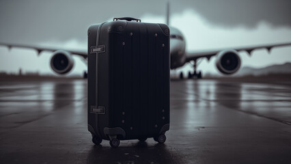 black suitcase on the landing strip, blurry airplane, and airport, travel concept. (AI-Generated)