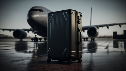 black suitcase on the landing strip, blurry airplane, and airport, travel concept. (AI-Generated)