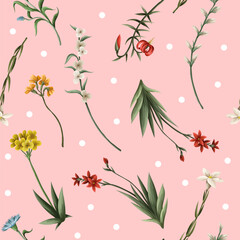 Seamless pattern with thin meadow flowers and dots. Vector.