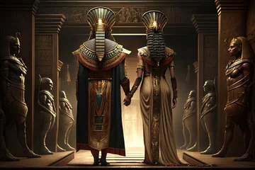 Fotobehang Egyptian king and queen in the temple, pharaoh, illustration generative ai © emilio100