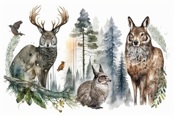 Wildlife wallpaper from the woods. A picture of an owl, a deer, and a rabbit. Animals and evergreen trees painted in watercolor on a white background. Generative AI