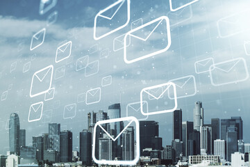 Abstract virtual postal envelopes illustration on Los Angeles skyline background. Email and...