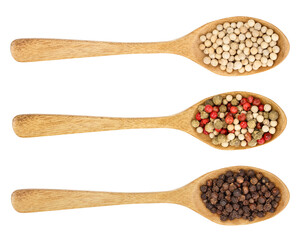 mix of peppercorn in wooden spoon isolated on white background. Top view. Flat lay