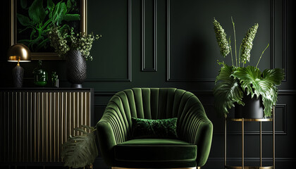 AI Generative Illustration of a Creative Photo of of a luxurious living room, featuring a green armchair set against a dark green wall background.