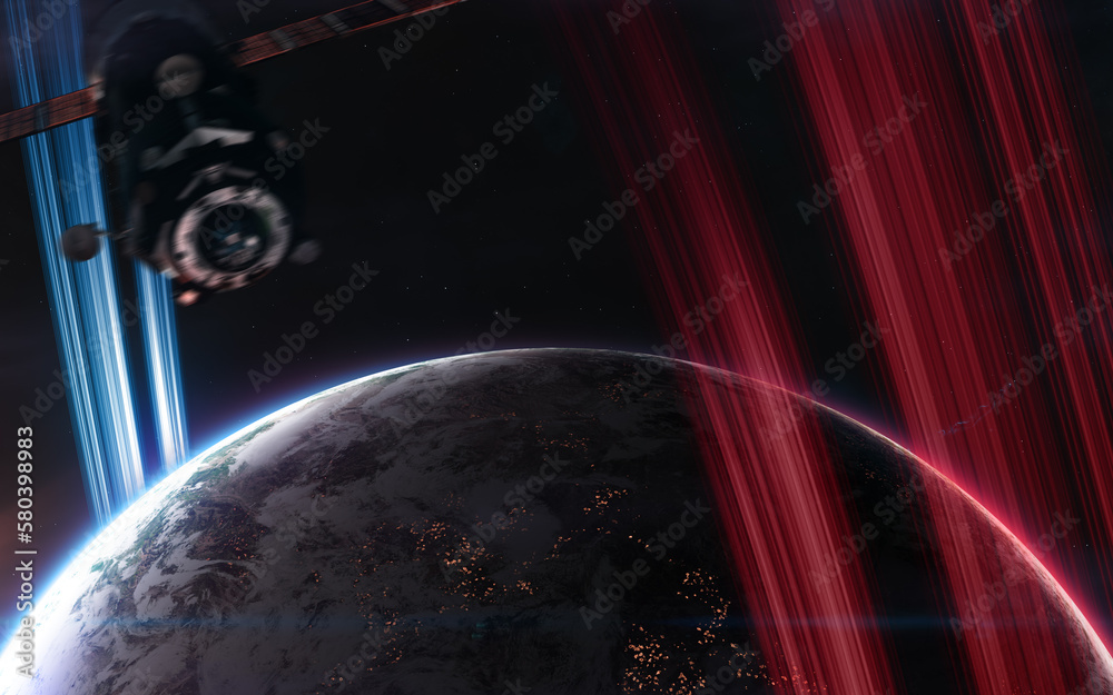 Wall mural orbital view of inhabited deep space planet. science fiction. elements of this image furnished by na