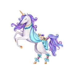 watercolor illustration of white unicorn jumping, fairy tale creature, violet curly hair, mythical animal clip art isolated on white background
