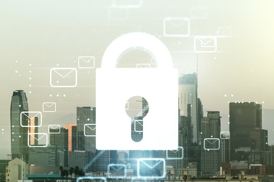 Double exposure of abstract virtual creative lock hologram with email symbols on Los Angeles city skyscrapers background. Information security concept