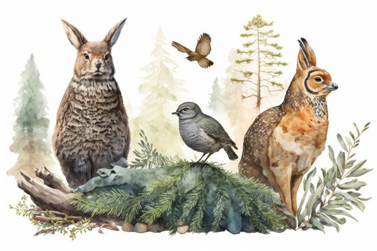 Wildlife wallpaper from the woods. A picture of an owl, a deer, and a rabbit. Animals and evergreen trees painted in watercolor on a white background. Generative AI