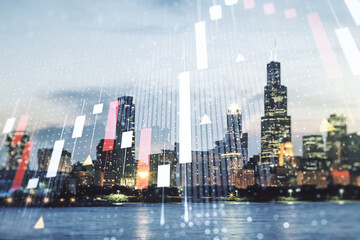 Fototapeta na wymiar Multi exposure of virtual abstract financial graph hologram and world map on Chicago cityscape background, financial and trading concept