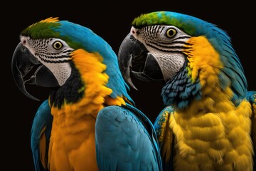 Fototapeta premium Two macaw parrots with colorful feathers and long tails. Close up of a macaw bird. Portrait of a blue yellow macaw parrot. has a natural background The background is out of focus. Generative AI