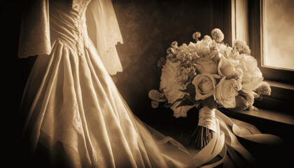 Wedding dress and bridal bouquet, sepia vintage colors, generative ai illustration
