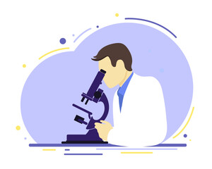 A scientist looks through a microscope. Flat style.