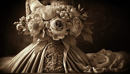 Wedding dress and bridal bouquet, sepia vintage colors, generative ai illustration