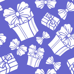 seamless asymmetric pattern of white gift boxes on a blue background, texture, background