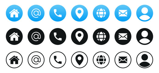 contact icons set. contact us web icon , home, address, location, call, message, mail, envelope, telephone, website, user, profile, icon - Website contact icons collection set. vector web buttons