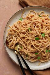 spaghetti carbonara, in creamy garlic sauce, pasta in white sauce, homemade, no people,