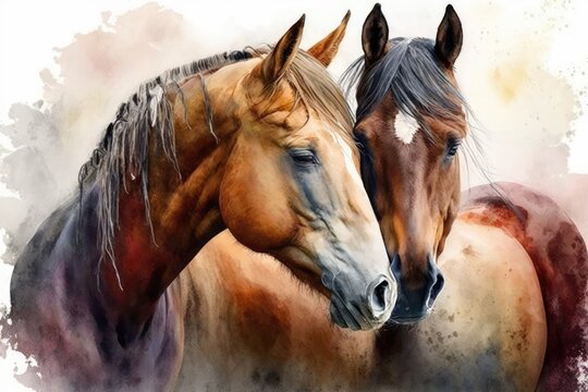 Two horses were cuddling. Painting with watercolor. Generative AI