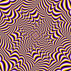 Moving optical illusion of purple golden black and white distorted stripes. Psychedelic vector background.