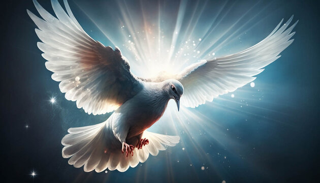 white dove illuminated by the rays of the sun. Concept of resurrection of Jesus Christ. Holy Friday. AI Generated