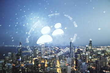 Naklejka premium Abstract virtual people icons on Chicago skyline background. Life and health insurance concept. Multiexposure
