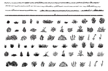 set of grass line cad and silhouettes isolated on white background. Ground cover. Illustration for  elevation architectural element, side view, grass section. Turf coating banners for edging. © feipco