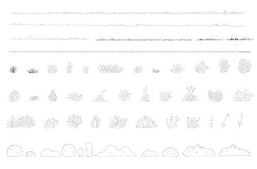 set of grass line cad, minimal isolated on white background. Ground cover. Illustration for  elevation architectural element, side view, grass section. Turf coating banners for edging. © feipco