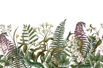 Border with white flowers, berries, fern and leaves. Botanical illustration. Vector.