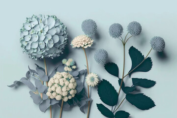 Flat lay creative illustration concept of fresh field Spring flowers on pastel blue background. Generative AI