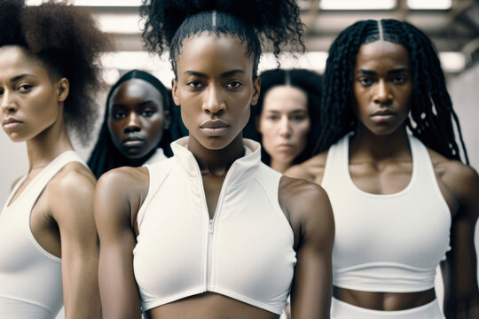 Large group of black young women training in gym standing strongly with smart pose. posing for portrait, sportswear and winning attitude. Illustration. Genreative AI