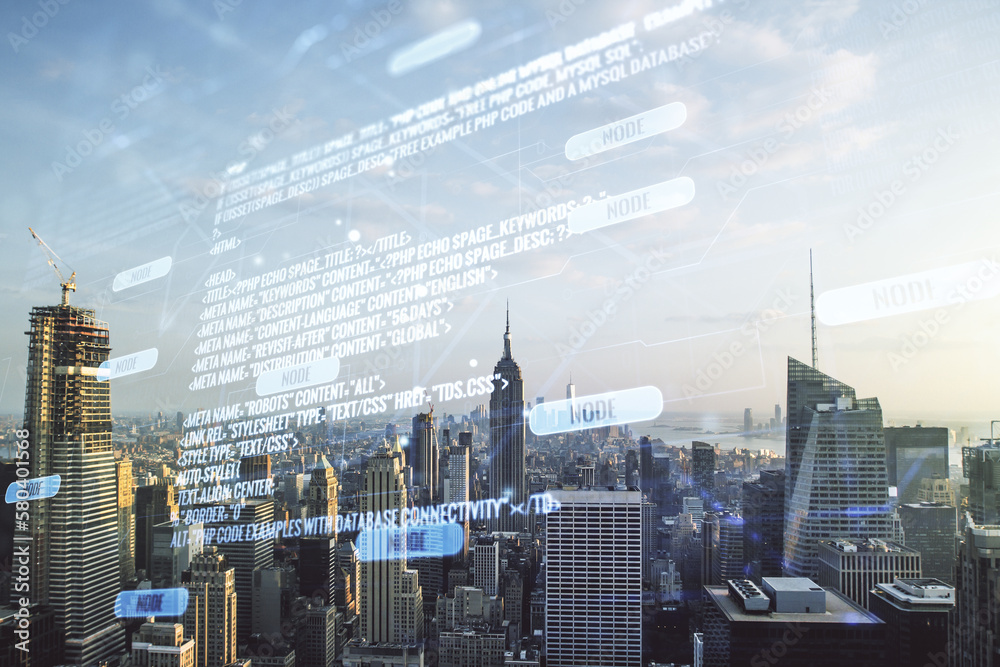 Poster multi exposure of abstract graphic coding sketch on manhattan cityscape background, big data and net
