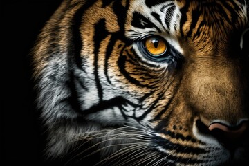 Tiger's eyes on a black background. Generative AI