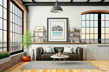 Modern Open Industrial Style Loft Lounge with Large Windows Mockup - AI Generated