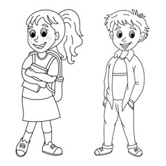 Funny Boy and Girl for Coloring Page. Vector Cartoon Illustration Cute Schoolchildren