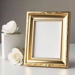 Mockup of a golden photo frame with white background and flowers