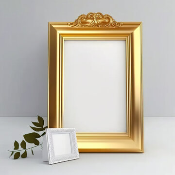 Mockup of a golden photo frame with white background