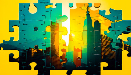 Puzzle piece with city in the background. Generative AI.