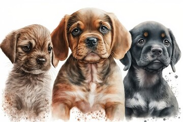 Three puppies, three dogs, Dog breeds, a cute dog, a pet, an animal, and a watercolor drawing of a dog. Generative AI