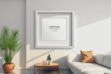 Square Frame on Wall Mockup in Modern Minimal White Room - AI Generated