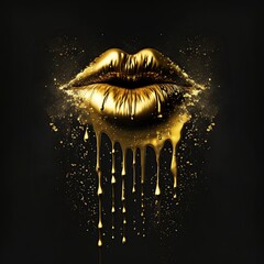 illustration, golden lips melting on a black background, generative ai - obrazy, fototapety, plakaty
