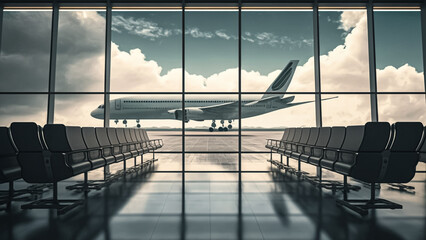 Fototapeta premium Empty airport terminal lounge with the airplane in the background. (AI-Generated)