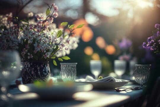Informal spring meal in the outdoor garden, the table set for lunch and decorated with a bouquet of natural flowers. Selective focus. Illustration. Generative AI.