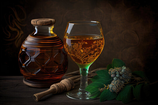 Beautiful Glass Of Honey Mead In An Illustrated Styled Photo Shoot With Decanter And Bottle