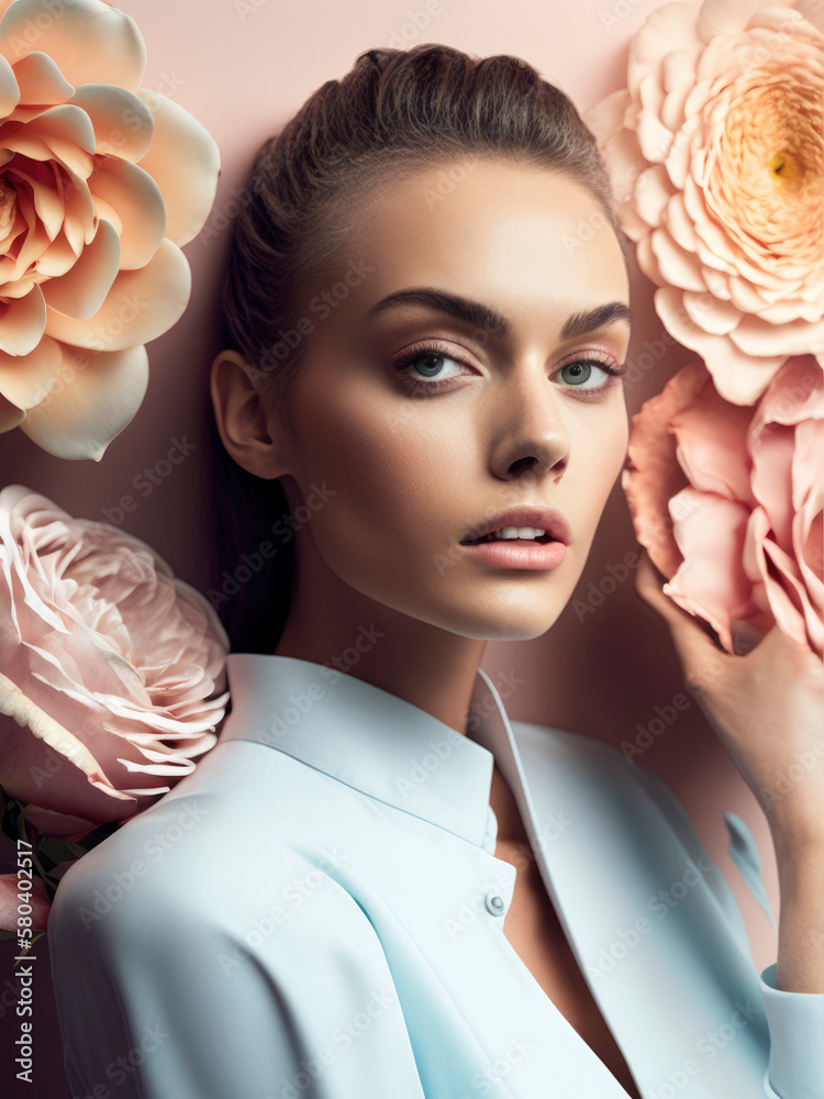 Wall mural abstract retro portrait of a woman with her head covered with a large bouquet of natural pink flower