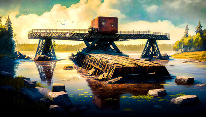 Painting of an old train bridge over body of water. Generative AI.