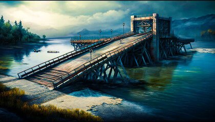 Painting of bridge over body of water. Generative AI.