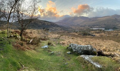Fototapeta premium Panorama of Upper Lake, Killarney, from Ladies View.