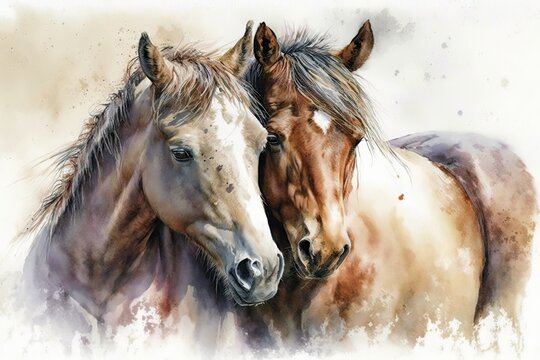 Two horses were cuddling. Painting with watercolor. Generative AI