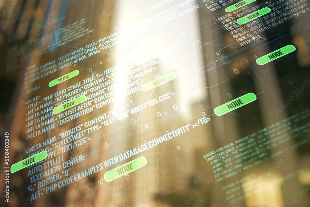 Aufkleber abstract virtual coding illustration on modern architecture background, software development concept