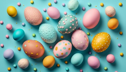 Fototapeta na wymiar Pastel Easter Eggs on Blue Background Generative AI